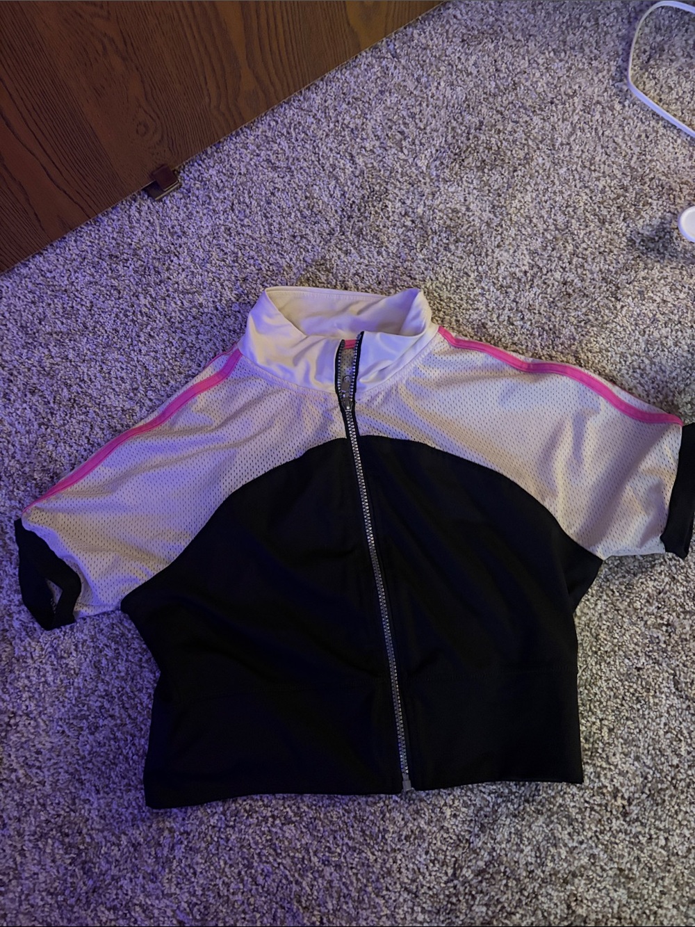 Black and White Zip-Front Athletic Jacket with Pink Piping